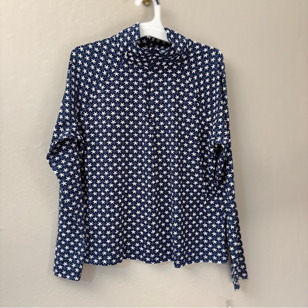 Lands' End Navy Blue Plumeria Flower Print Swim Long Sleeve RashGuard Shirt L